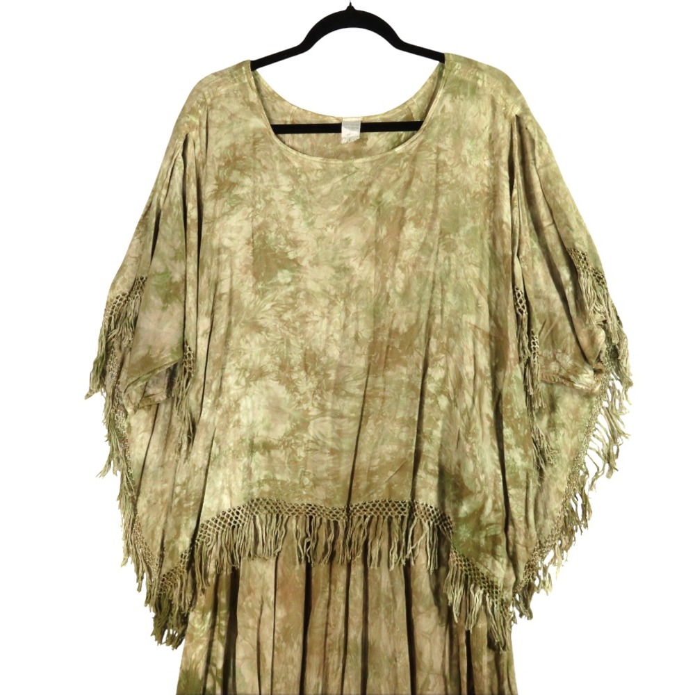 TIE DYE KAFTAN MUUMUU DRESS Poncho Overlay w/Fringe MAXI BOHO ETHNIC Beige 1X - Picture 5 of 11